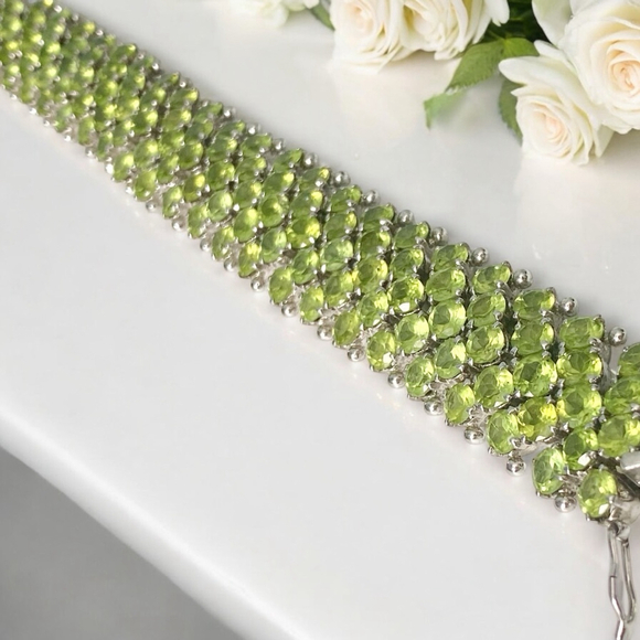Encrusted Sterling & Natural Green Peridot Gemstone Bracelet, August Birthstone - Picture 5 of 11